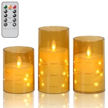Imagem de DRomance Velas de vidro dourado sem chama, cordão de luzes com temporizador remoto, pavio móvel, operado por pilar, velas LED cintilantes, plástico, jantar, casamento, Natal, Natal, decoração D3 x H4,