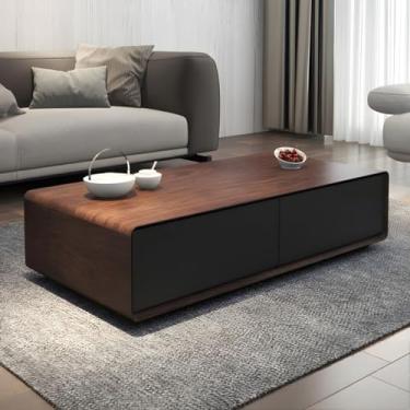 Imagem de Mesa retangular de madeira de estilo moderno, base abstrata, mesa de centro moderna, nórdica, retangular, criativa, armazenamento, preto, cinza, mesa de chá com 4 gavetas, nogueira/preta, 139,7 cm C x
