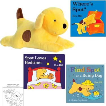 Imagem de O conjunto de presente Spot Puppy Dog inclui 3 livros de tabuleiro de Eric Hill (Onde está o lugar?; Spot Loves Bedtime; Encontre um lugar em um dia chuvoso), livro Buddy Plush e página para colorir