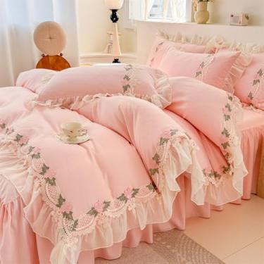 Imagem de Conjunto de cama floral chique com babados, 1 capa de edredom + 2 fronhas, roupa de cama estilo princesa francesa para meninas - 2 peças de capa de edredom solteiro com fecho de zíper - ultramacia e