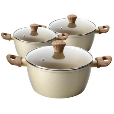 Imagem de Jogo de Panelas Caçarola Com Tampa Cerâmica Antiaderente Indução (Bege