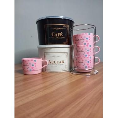 Imagem de Conjunto de Xícaras Empilháveis AMOR, 4 Peças de 200ml, com Flores, Suporte em Aço Inox + 2 potes (rosa)