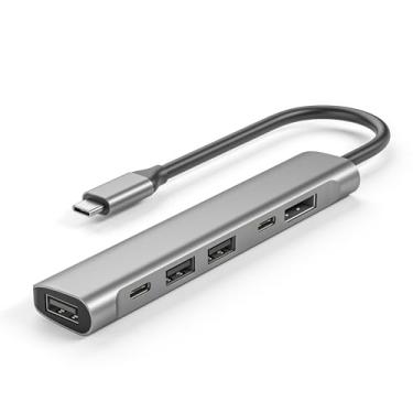 Imagem de Adaptador multiportas USB C para exibição, hub portátil tipo C para DisplayPort, porta de carregamento USB-C, tipo-C 2.0 e 3 USB 2.0 para laptops MacBook Pro/Air tipo C (cinza espacial 6 em 1)
