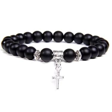 Imagem de Pulseira masculina com pingente de contas e lascas, 8 mm, pedra natural, pulseiras para mulheres, preta, 21 cm/186