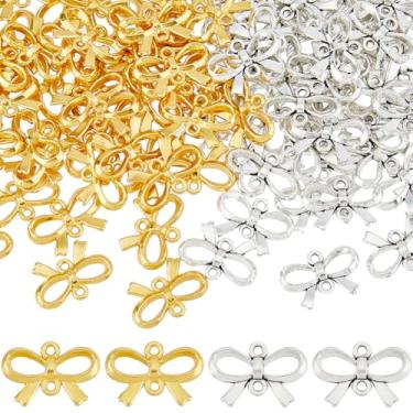 Imagem de SUPERFINDINGS 100 peças, pingente de laço de 2 cores, pingentes de laço a granel, prata antiga, dourado, conector, pingentes de liga, pingente para fazer joias e colar de pulseiras, brincos, 15x21.5~