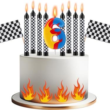 Imagem de Conelist 15 velas temáticas de carros de corrida, número de aniversário, caminhão, roda, vela preta e branca, bandeira quadriculada, topo de bolo, decoração de bolo de carro de corrida de bombeiros