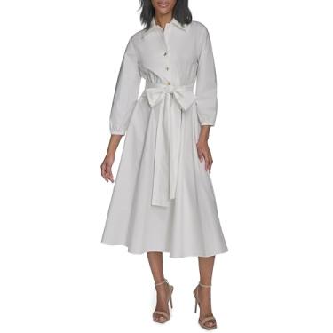 Imagem de Halston Vestido feminino de algodão popelina com laço na cintura e flare, Branco nítido, 44