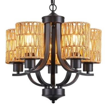 Imagem de TELAFLY Lustre De 5 Luzes Para Sala Jantar, Pequeno E Moderno Vime, Luminária Pendente Teto Alto Em Metal Rústico Preto, Estilo Fazenda, Estar, Cozinha, Hall Entrada, Quarto