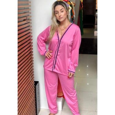 Imagem de Pijama Feminino Aberto Com Botões Estampado Roupa de Dormir Inverno Ma