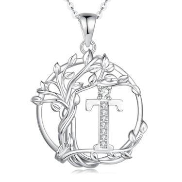 Imagem de FANCIME Presentes de dia das mães, árvore da vida, colares com inicial para mulheres, joia de árvore de prata esterlina, pingente de letra de diamante simulado, zircônia cúbica, zircônia cúbica,