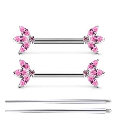 Imagem de Ruifan Piercing de mamilo rosqueado internamente de titânio, três anéis de língua de zircônia cúbica rosa, joia de piercing corporal de barra reta para mulheres e homens, 14G, 14 mm, com cone de