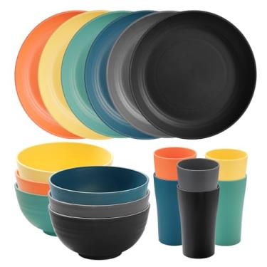 Imagem de Conjunto de 18 peças de louça de palha de trigo, conjunto de louça reutilizável SANLUNS inquebrável para 6, conjuntos de pratos e tigelas de cozinha, conjunto de pratos, copos e tigelas para