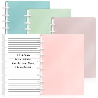 Imagem de Conjunto de 4 capas e discos de 14 x 21,6 cm para caderno de tamanho júnior com páginas removíveis, recarregáveis, 80 folhas, 100 g/m², 8 furos, meia letra, planejador, arco, sistema de caderno