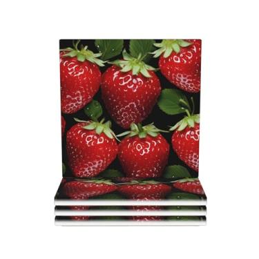 Imagem de Conjunto de 4 porta-copos redondos absorventes de cerâmica para copos de morango vermelho antiderrapante com suporte e base de cortiça reutilizável porta-copos para copos para tipos de xícara
