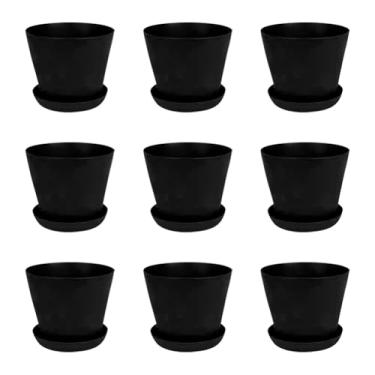 Imagem de 12 conjuntos de vasos pequenos de plástico preto, vasos de flores redondos, vasos de mudas de suculentas, vasos de sementes de jardim, pequenos vasos de berçário com orifícios de drenagem e bandejas
