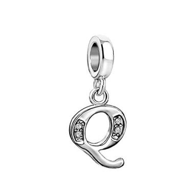 Imagem de MiiFort Pingente de letra Q inicial serve para pulseiras Pandora Charms para mulheres, nome, família, alfabeto, prata, zircônia cúbica