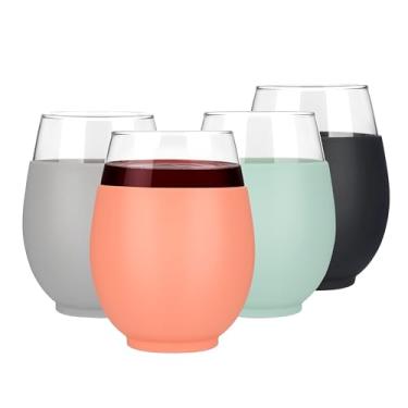 Imagem de Tronco Conjunto de 4 taças de vinho sem haste reutilizáveis de 590 ml com manga de silicone para vinho tinto e branco, coquetéis, laváveis na lava-louças, sem BPA – para uso diário, bar em casa