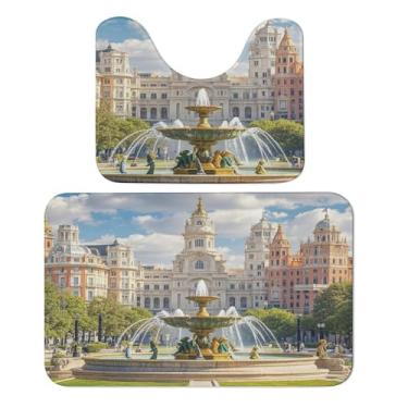 Imagem de GBNMQED 2 peças de tapete de lã coral 50 x 39,9 cm em forma de U e 19,7 x 31,5 cm, conjunto de tapetes e tapetes de banheiro com estampa de cidade turística