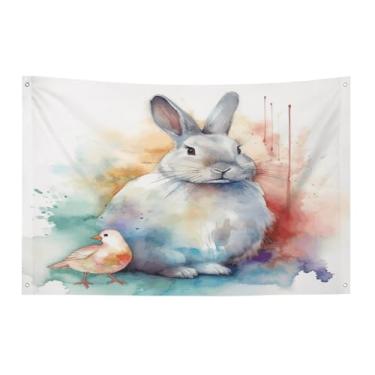 Imagem de Bandeira com quatro furos para todos os climas, bandeira decorativa impressa com coelho e pássaro, bandeiras de poliéster adequadas para uso interno e externo 89 x 159 centímetros