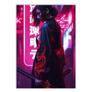 Imagem de Placa Decorativa Gueixa Sexy Espada Ilustração Neon Decoração Poster Quarto Sala