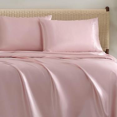 Imagem de Jessica Simpson Jogo de lençol luxuoso de 4 peças de cetim sedoso Queen, lótus rosa