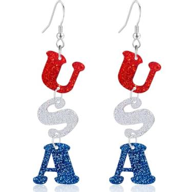 Imagem de Gdpaddy Brincos pendentes de coração de estrela de acrílico 4 de julho Dia da Independência com glitter vermelho branco azul EUA sorvete brincos femininos, Large, Plástico, Sem pedra preciosa