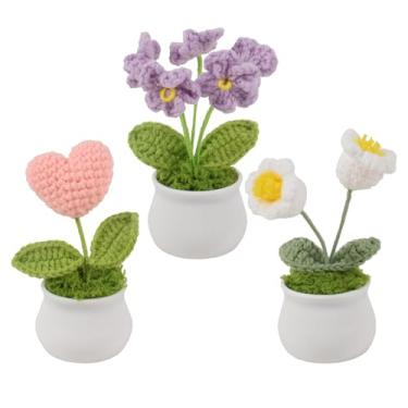 Imagem de HAIOPS 3 peças de flores em vaso de crochê, coração de malha, Forget Me Not, vasos de lírio do vale, decoração de mesa, presentes
