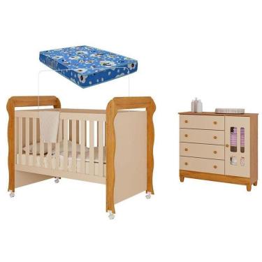 Imagem de Berço Americano Mirelle E Cômoda Infantil Ariel Com Porta Off White Bétula Com Colchão Ortobom– Carolina Baby