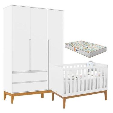 Imagem de Berço Americano Unique E Guarda Roupa 3 Portas Nature Clean Branco Soft Eco Wood Com Colchão Gazin – Matic