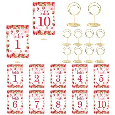 Imagem de CORNER LACE Números de mesa de morango 1 a 10 com 10 porta-cartões de mesa dourados - 10 x 15 cm, decoração de mesa central com tema de morango, para chá de bebê e recepção de festa de aniversário