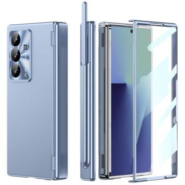 Imagem de YQODSZ Capa para Samsung Galaxy Z Fold 7 com suporte para caneta S e Stylus, [capa de duas dobradiças] Z Fold7 Capa protetora de tela integrada com proteção de dobradiça fina para Z Fold 7 azul