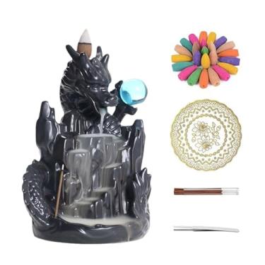 Imagem de Comeon Cachoeira de incenso em forma de dragão, suporte de incenso decorativo, incensário de fluxo reverso, conjunto de queimadores de cachoeira + cones de incenso de refluxo, bastões de incenso