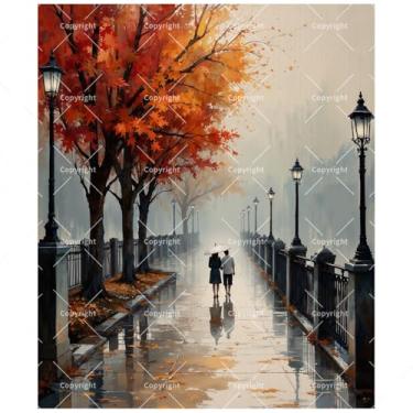 Imagem de Kit de pintura de passarela de outono por números para adultos - DIY casal com pintura de guarda-chuva em tela 40,6 x 50 cm, conjunto de tinta acrílica, adequado para iniciantes, arte para decoração