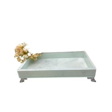 Imagem de Bandeja Para Penteadeiras 25x15 Efeito Mármore Bandeja Organizadora(Branco com prata,COM O PÉ)