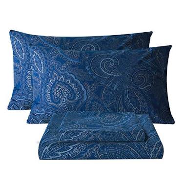 Imagem de Bedlifes Jogo de cama completo ultramacio, respirável, flor sedosa, bolso profundo 100% microfibra, 4 peças tamanho casal Paisley azul marinho escuro