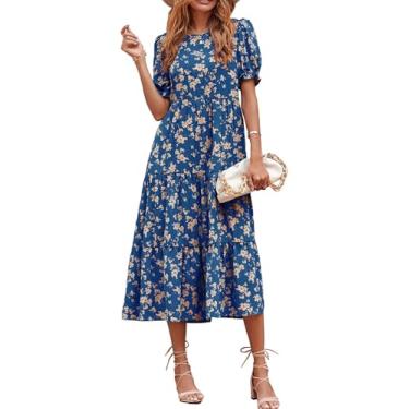 Imagem de PRETTYGARDEN Vestido feminino casual de verão, boêmio, estampa floral, babado, bufante, manga curta, midi rodado, vestidos de festa na praia, Damasco azul, G