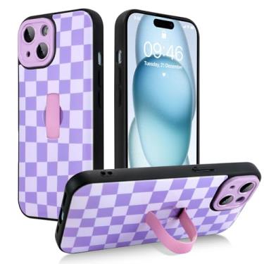 Imagem de SAKUULO Capa para iPhone 15 com alça de dedo para suporte, estampa roxa de xeque-mate para mulheres e homens, capa de proteção reforçada, xeque-mate roxo (6,1 polegadas)