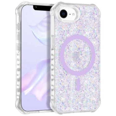 Imagem de Casehas Capa para iPhone 16e, compatível com MagSafe, transparente, brilhante, à prova de choque, fina, antiderrapante, militar, proteção contra quedas, capa rígida com glitter roxo