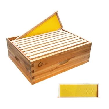 Imagem de Caixa superabelha média de 10 molduras, colmeia Langstroth mergulhada em 100% cera de abelha, mel super com molduras de colmeia e bases de cera para suplemento de apicultura