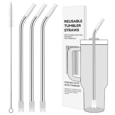 Imagem de Prurex Canudos reutilizáveis de aço inoxidável com ponta de silicone para Stanley 1,134 g, canudos de metal para copo de 1134 g, 3 tubos dobrados e 6 pontas e 1 escova Cleanr (branco)