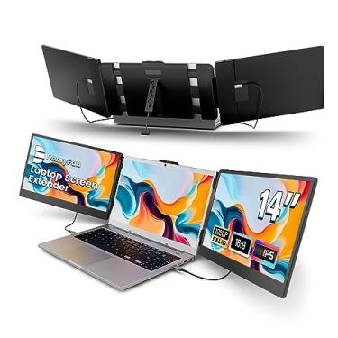 Imagem de domyfan Extensor de tela de laptop de 14 polegadas, monitor portátil triplo FHD 1080p IPS para laptop, HDMI/USB-A/Tipo-C para Windows, Mac, Android, Chrome, Switch e PS5, funciona com laptops de 13,3