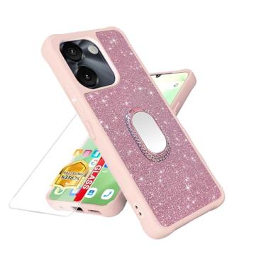 Imagem de Capa compatível com FOXXD Foxx Miro S67 5G [com protetor de tela de vidro temperado][anel espelhado] [Glitter em pó] para AirVoice S67 5G / C67/A67 capa de telefone de couro