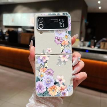 Imagem de Capa para Samsung Galaxy Z Flip4 com estampa floral, textura de couro, dobrável, capa de TPU macio (para Samsung Galaxy Z Flip4/A743, bege e branco)