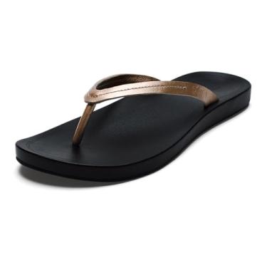 Imagem de OLUKAI Lalahi Sandálias femininas de praia de couro, chinelos casuais para o dia a dia, arco leve e de suporte, design limpo e conforto macio, Cobre/pedra vulcânica, 38