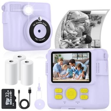 Imagem de Câmera de impressão instantânea para crianças com 3 rolos de papel de impressora, brinquedos de câmera digital 1080p para crianças de 3 a 12 anos com cartão SD de 32 GB, presentes de Natal e