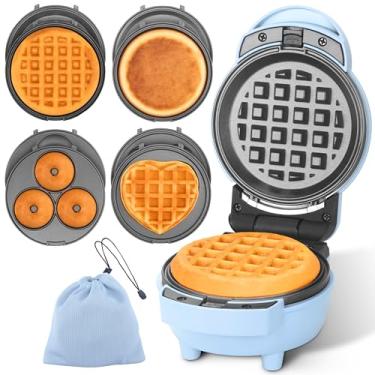 Imagem de Baker's Friend Mini máquina de waffle 4 em 1 com pratos removíveis, o conjunto inclui mini panqueca, donut, máquina de waffle em forma de coração, tamanho compacto, receita incluída, azul