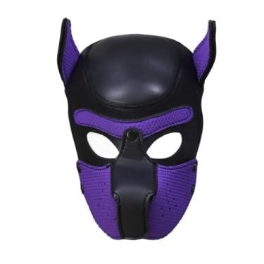 Imagem de Máscara facial completa com capuz de cachorro, fantasia de cabeça de animal para festa de Halloween - Máscaras realistas de cabeça de cachorro para fantasias, fantasias divertidas e divertidas (Roxo)