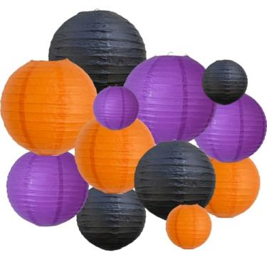 Imagem de BEISHIDA 12 peças de lanternas de papel laranjas, roxas, pretas, decorativas, chinesas/japonesas, penduradas, lâmpadas de papel redondas para Halloween, aniversário, casamento, Natal, noiva, decoração