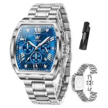 Imagem de OLEVS Relógios masculinos de luxo com mostrador grande, aço inoxidável, clássico, à prova d'água, analógico, quartzo, relógio de pulso masculino com cronógrafo, multifunções, relógio social para