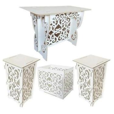 Imagem de Kit Provençal Mdf Branco 1 Mesa 2 Cubos 1 Caixa De Presentes - Lúdica 